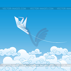 Paper origami crane against blue sky - vector clipart / vector image