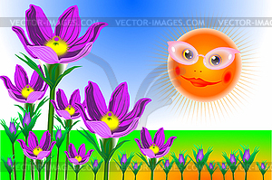 Sun and flowers background - vector clipart