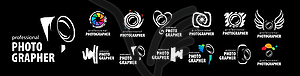 Set of logos for photographer on black background - vector clipart