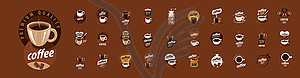 Набор логотипов кофе на коричневом фоне - векторный клипарт EPS
