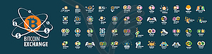 Set of logos of Bitcoin exchange on blue background - vector image