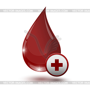 Large glossy red drop of blood with medical sign - vector clipart