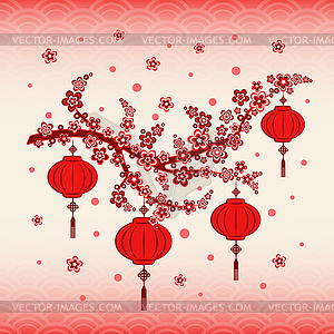 New Year Red Lantern on colorful background - vector image