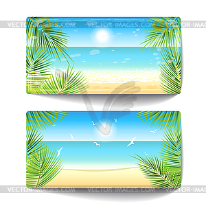 Two banners of sand beach at sunset time - vector clipart