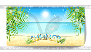 Баннер песчаного пляжа на закате - клипарт в векторном виде