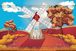 Autumn Landscape with Windmill - vector image