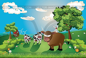 Cows and Bull on Lawn - vector clipart