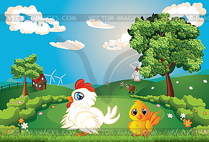 Hen on Lawn - vector clipart / vector image