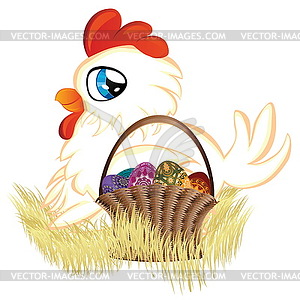 White Hen with Easter Eggs Basket - vector clip art