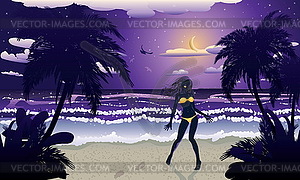 Happy woman on night beach - vector clipart