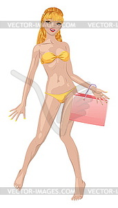 Shopping blond girl in bikini - vector image