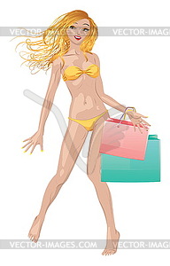 Shopping blond girl in bikini - vector image