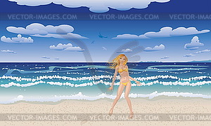 Yellow bikini girl on beach - vector image