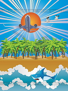 Airplane over Tropic Island - vector clip art