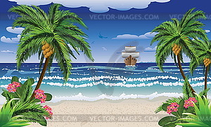 Cartoon boat and beach - vector image