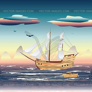 Sailing Ship on Sea - vector clipart