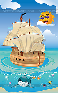 Wooden Ship in Sea - vector image