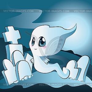 Cute ghost on cemetery - vector clipart