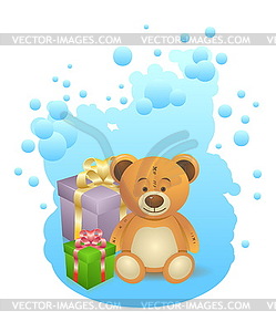 Teddy bear with gift boxes - vector EPS clipart