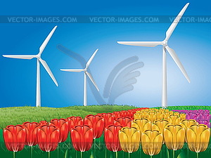 Wind turbine on tulip field - vector image