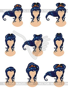 Blue hair in different styles - vector clipart