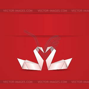 Origami swans on red background - stock vector clipart