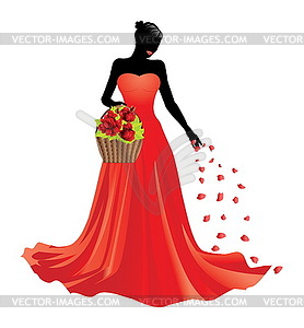 Girl and basket of roses - vector image