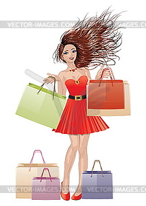 Girl in red with shopping bags - vector clip art