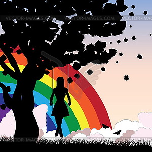 Girl on swing and rainbow - vector clipart