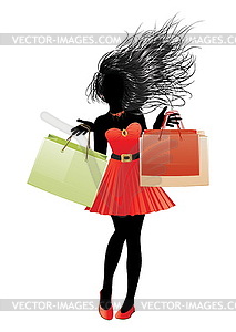 Shopping girl in red dress silhouette - vector image