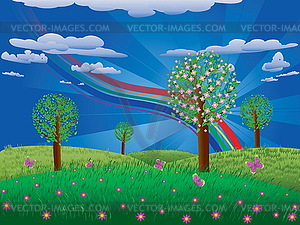 Blooming tree on grass field - vector clipart