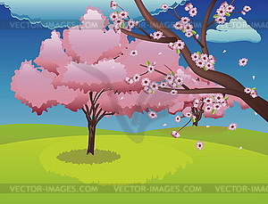 Sakura on Grass Field - vector clipart