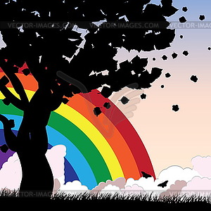 Tree silhouette and rainbow - vector image