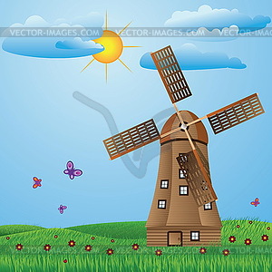 Windmill on meadow - vector image