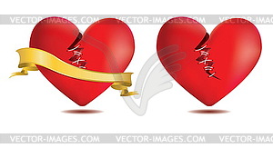 Сломанный красное сердце с золотой лентой - цветной векторный клипарт
