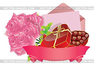 Подарок и розы - иллюстрация в векторном формате