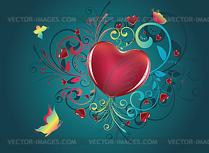 Сердце с цветочным и бабочки - изображение в векторном виде