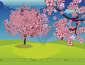 Blooming Sakura Tree on Lawn - vector image