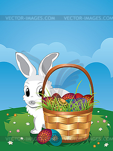 Easter Bunny with Eggs in Basket - vector clipart