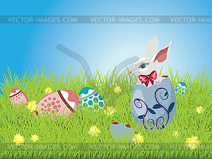 Easter Bunny and Grass Field - vector clipart
