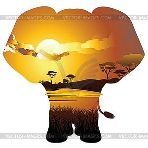 African Sunset with Elephant - vector clip art