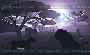 African Night with Lion - vector clipart