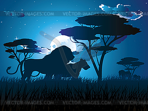 Африканская ночь со львом - векторное изображение клипарта