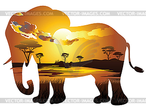 African Sunset with Elephant - vector clipart
