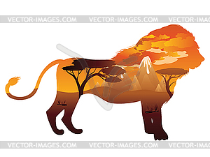 African Sunset with Lion - color vector clipart