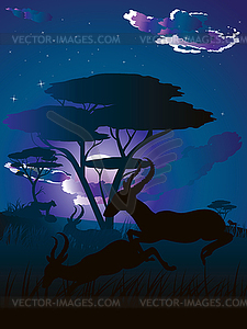 Night Landscape with Antelopes - vector clip art