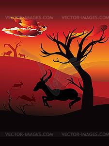 Sunset Landscape with Antelopes - vector clipart