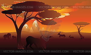 Sunset Landscape with Antelopes - vector clip art