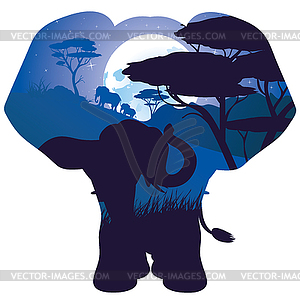 African Night with Elephant - vector image