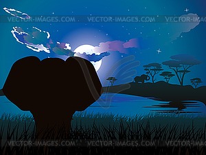 African Night with Elephant - vector clipart